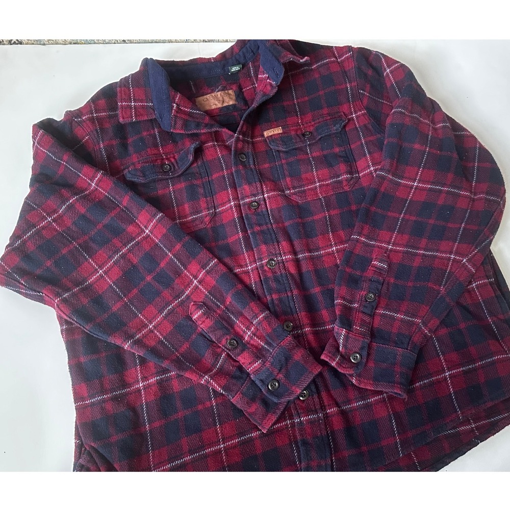 Orvis Mens XXL Flannel‎ Shirt Burgundy Navy Blue Plaid Cotton Button Down